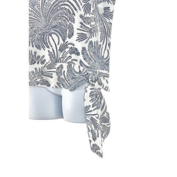 Talbots Sleeveless Blouse Size 14 White Navy Palm Print Side Hip Tie Top - Picture 2 of 7